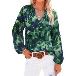 👑 Women's Green Print Long Sleeve V Neck Lightweight Stretch Summer Blouse Top